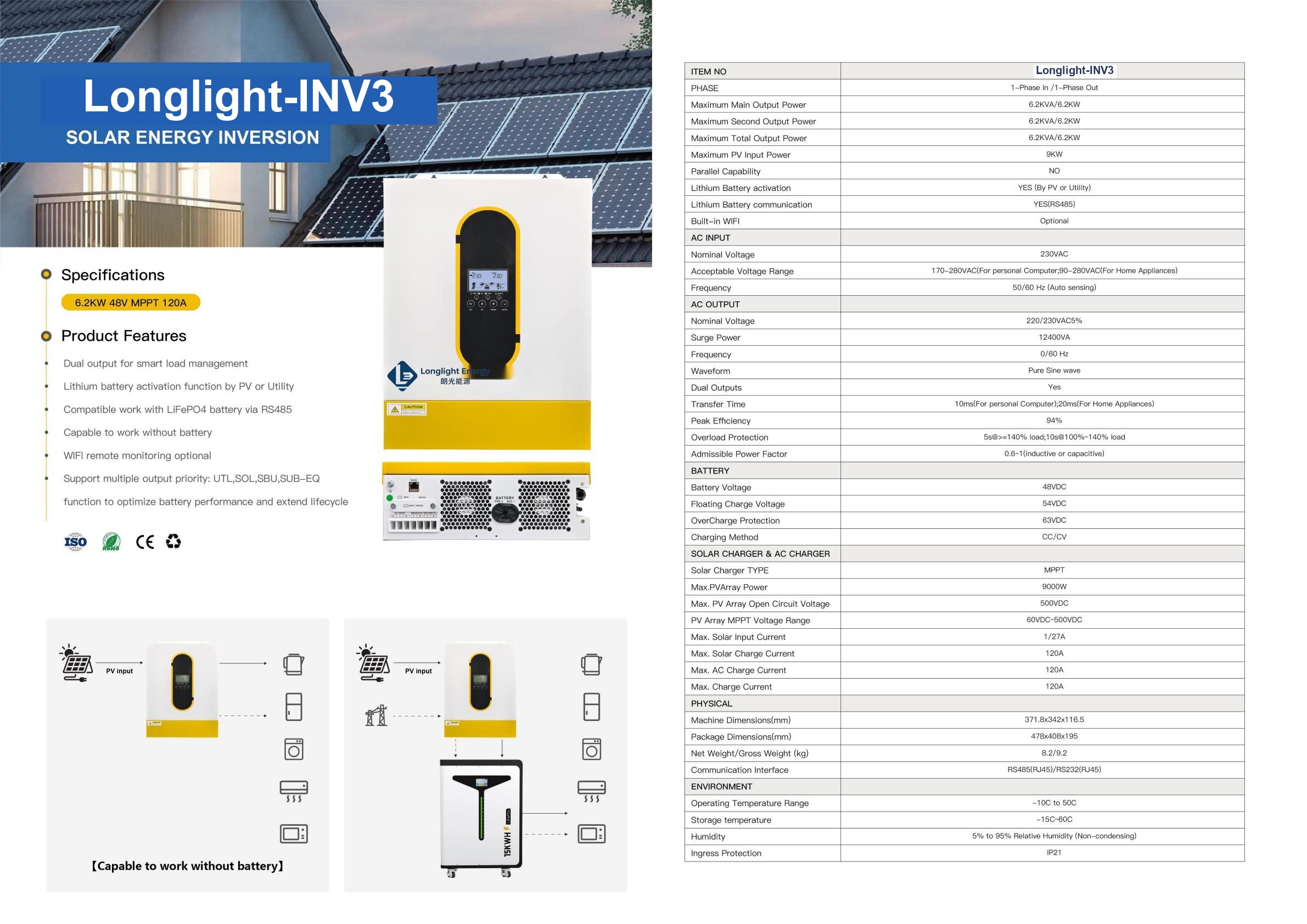Longlight-INV3 Hybrid Solar Inverter 6.2kW 48V